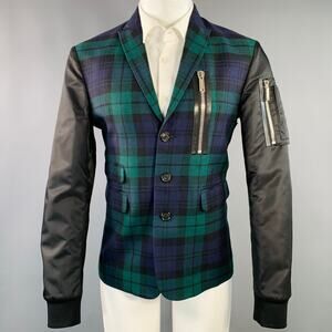 DSQUARED2 Size 40 Green Navy Black Blackwatch Plaid Wool Zippers Sport Coat